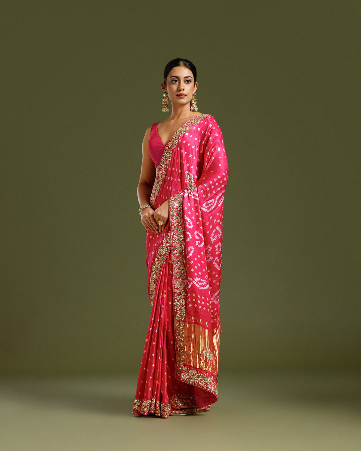 Magenta Pink Satin Crepe Saree with Nulki, Dabka & Gota Patti Work