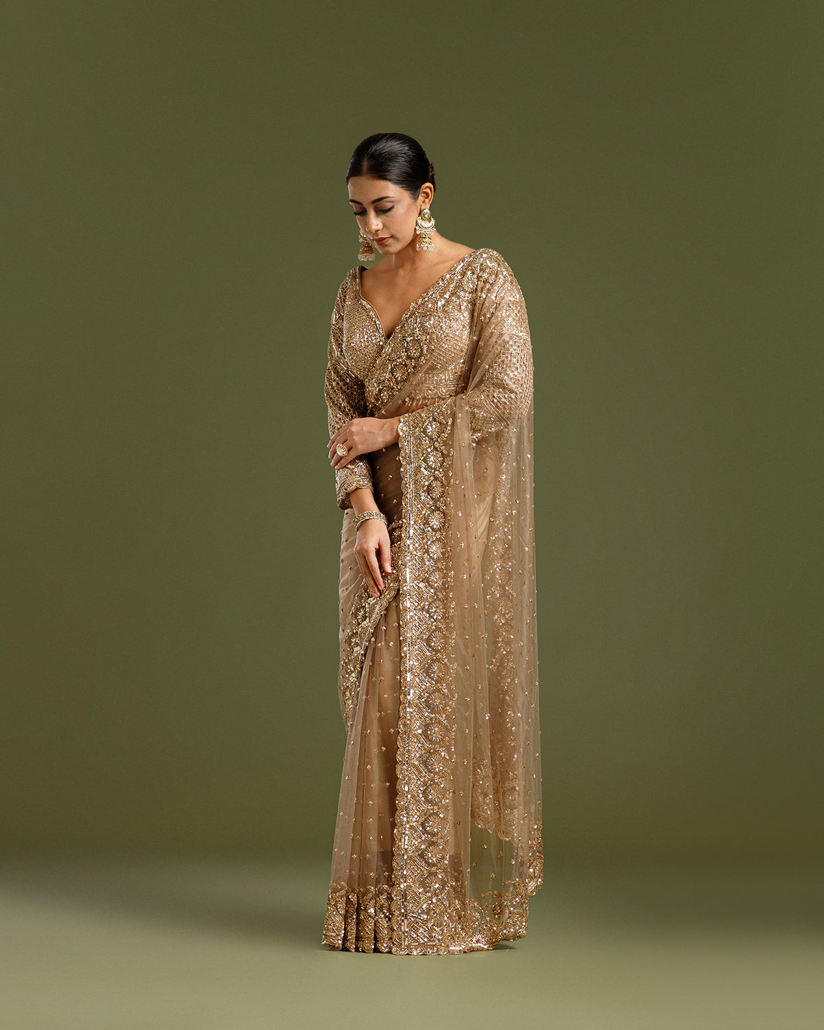 Dusty Brown Net Saree with Beads, Nulki & Sequin Work