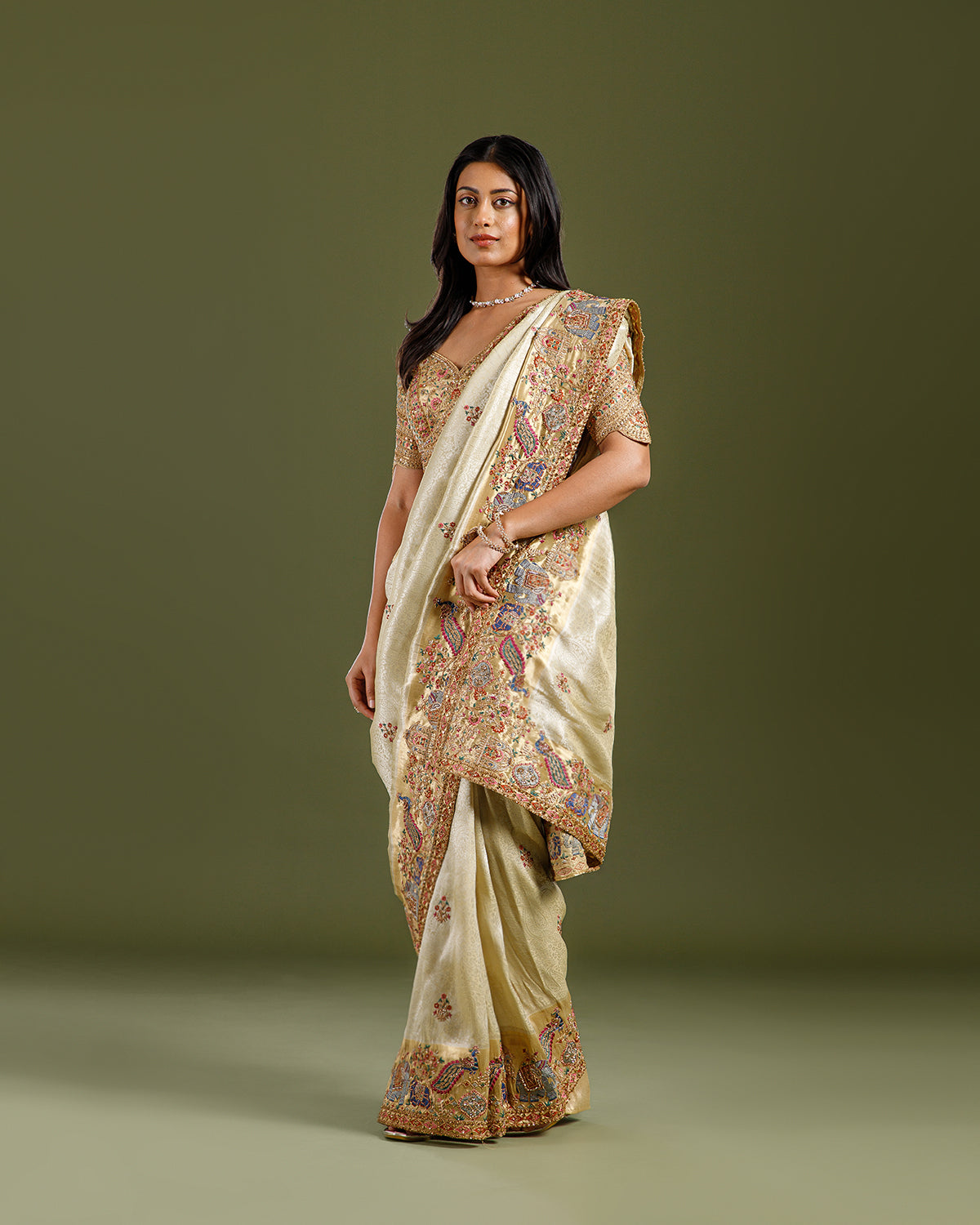 Golden Tissue Weave Saree with Resham, Zardozi, Cutdana & Embroidery Work - House of Surya