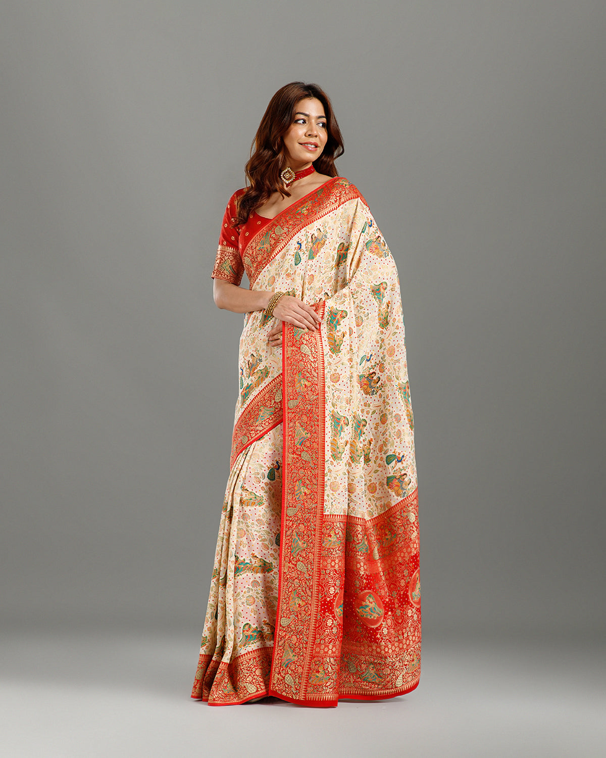 Off White Bhandej Khaddi Georgette Saree with Meenakari Weaving - House of Surya