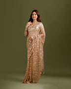 Golden Net Saree with Sequin & Bead Work - House of Surya