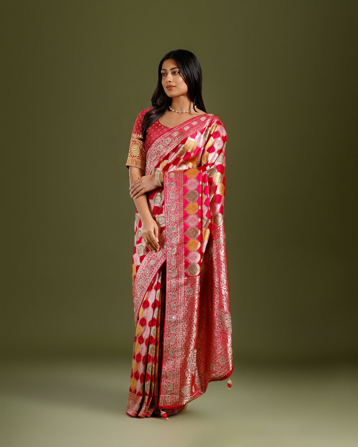 Rani Pink Dola Silk Saree with Resham Weave for Women - House of Surya