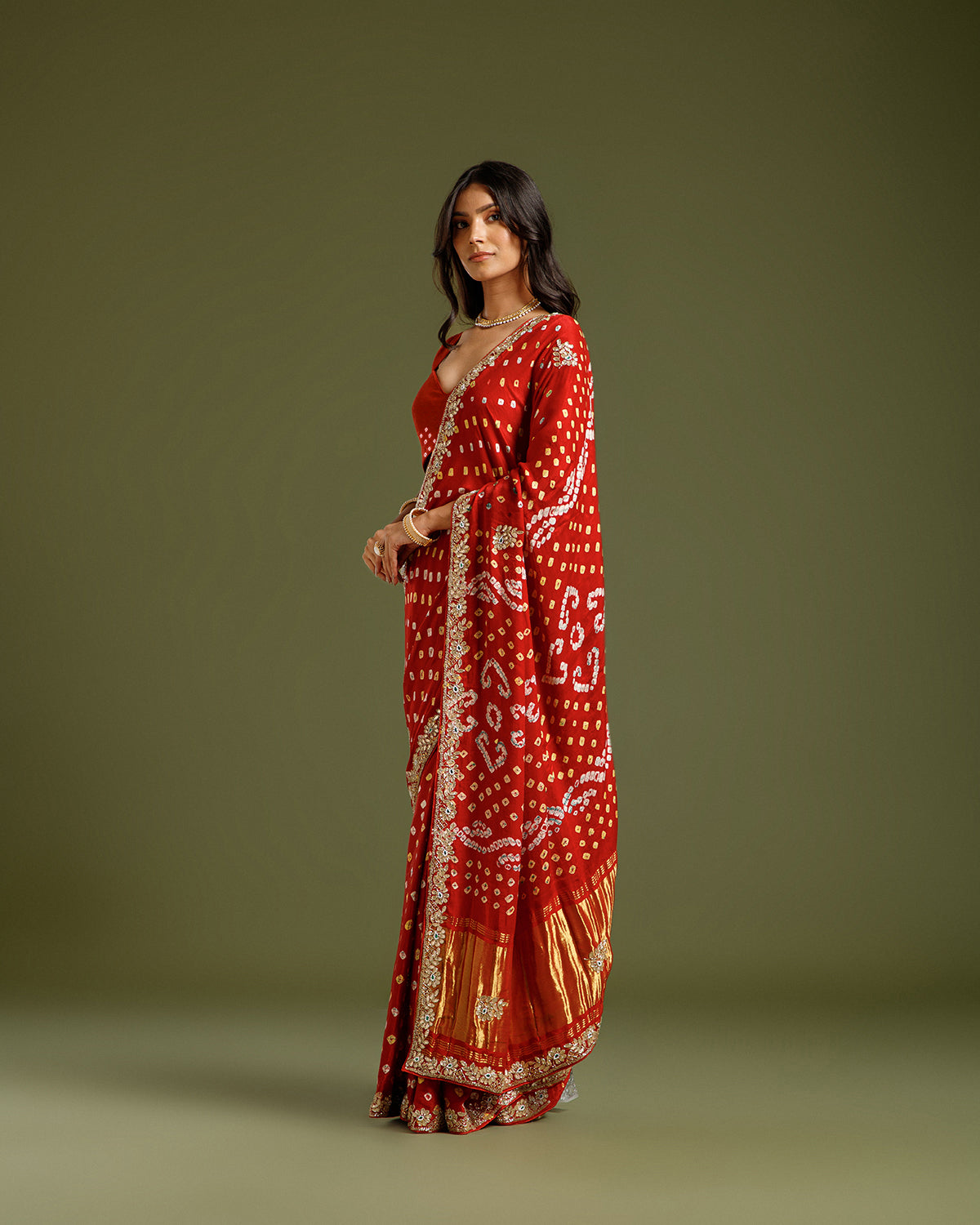 Maroon Satin Crepe Saree with Nulki, Gota Patti, Kundan & Moti Work