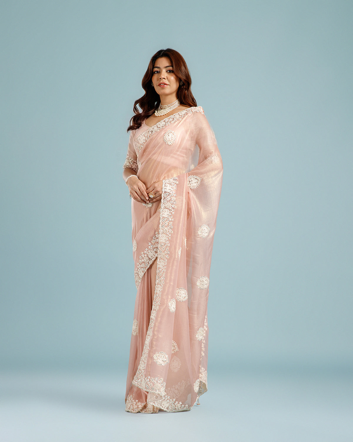 Light Pink Crush Tissue Saree with Resham, Sequence & Bead Work - House of Surya