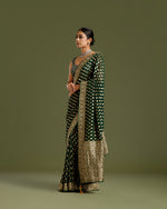 Bottle Green Georgette Saree with Dabka, Nulki, Mirror & Kundan Work