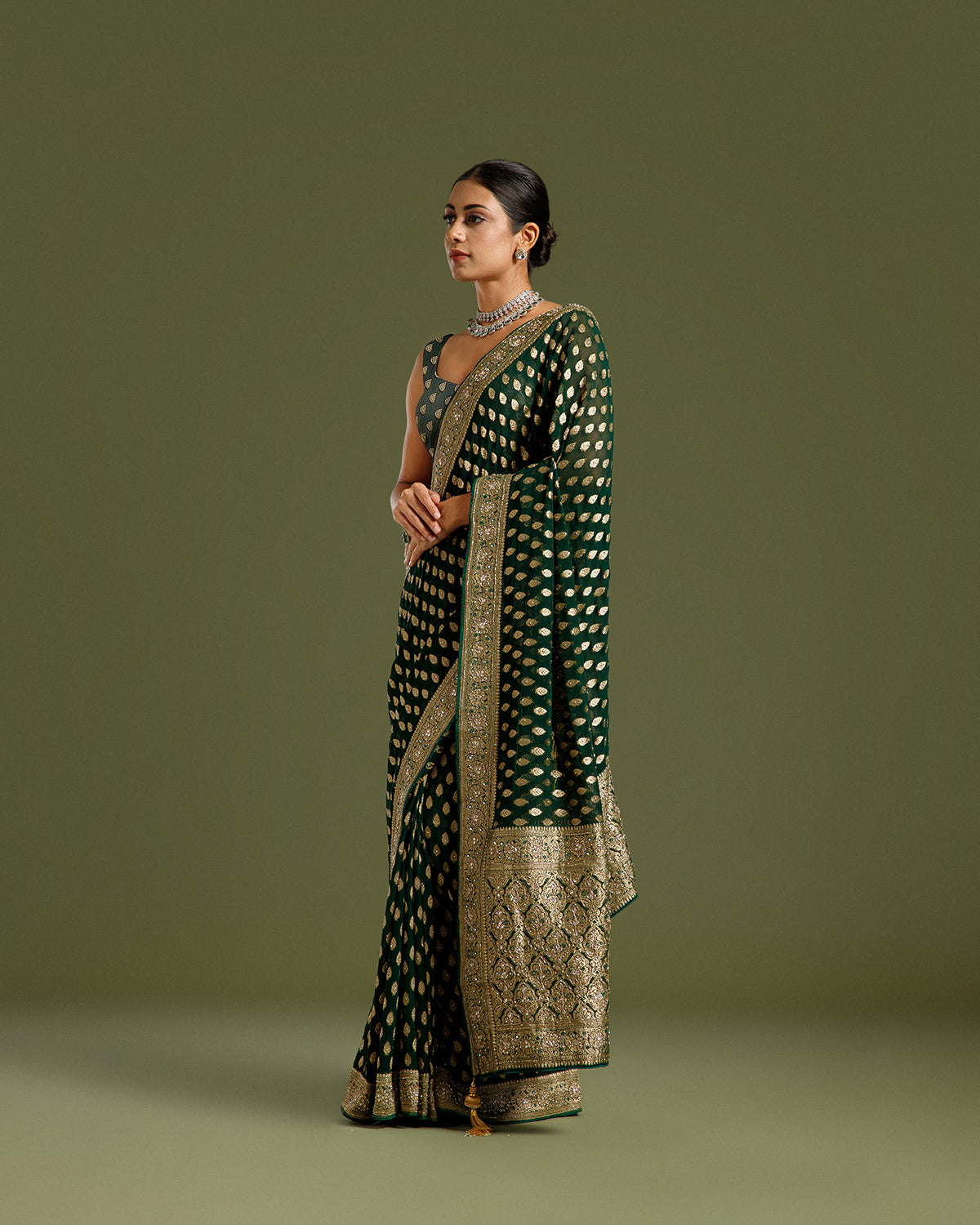 Bottle Green Georgette Saree with Dabka, Nulki, Mirror & Kundan Work