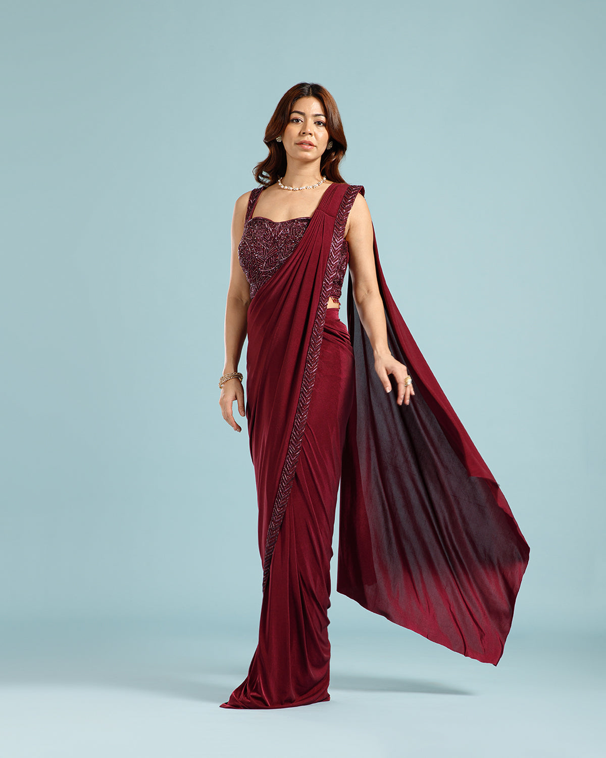 Maroon Lycra Drape Saree with Hand Work - House of Surya