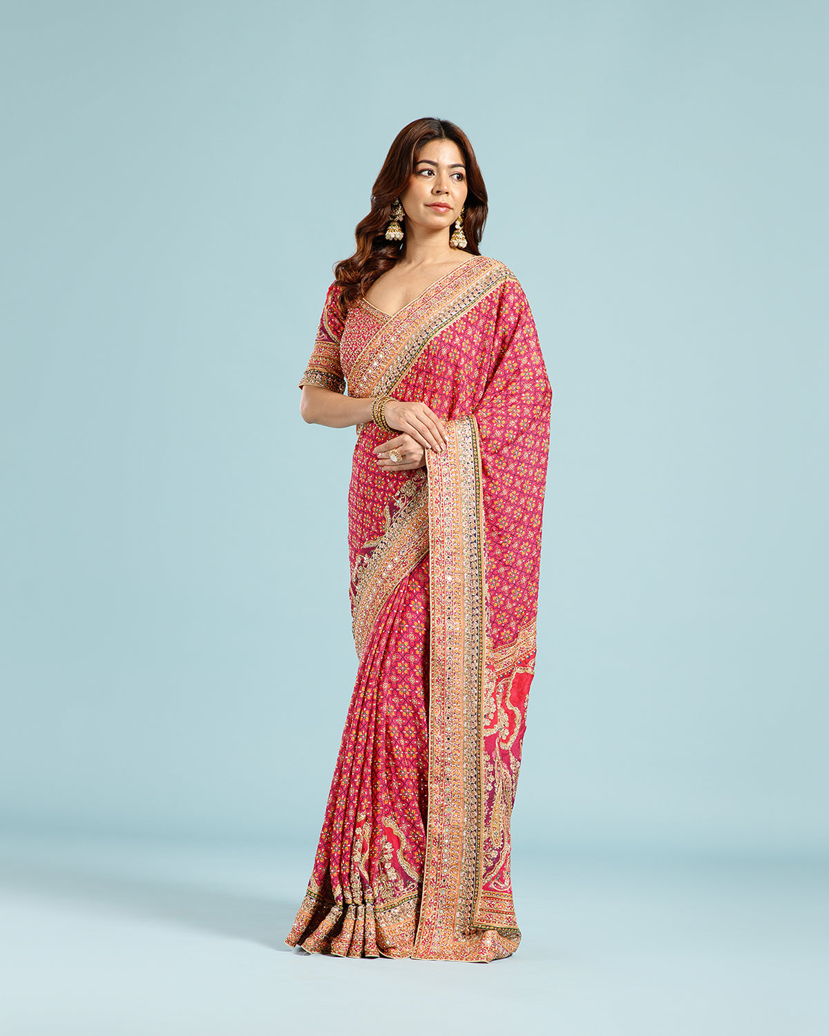 Wine Printed Crepe Silk Saree with Sequence, Cutdana & Aari Work