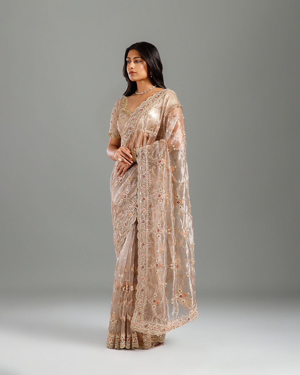 Golden Tissue Organza Saree with Cutdana & Sequence Work - House of Surya