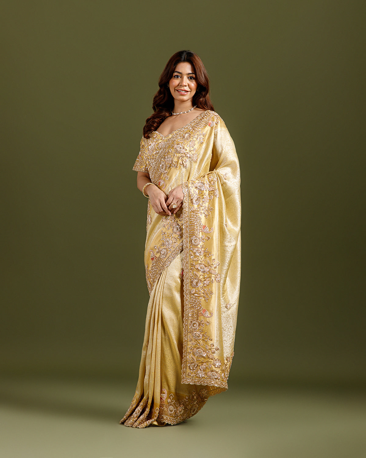 Ivory (Golden) Tissue Saree with Self Weave, Beads, Sequence & Cutdana Work