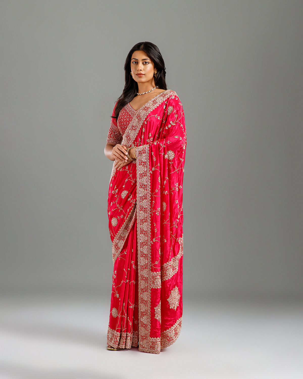 Rani Satin Crepe Saree with Beads, Sequence & Cutdana Work - House of Surya