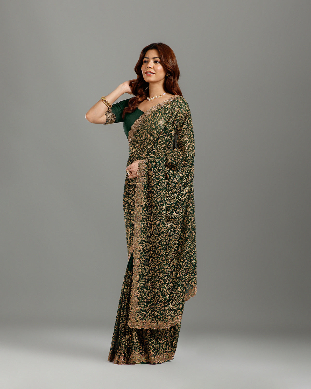 Bottle Green Georgette Saree with Resham & Sequence Work - House of Surya