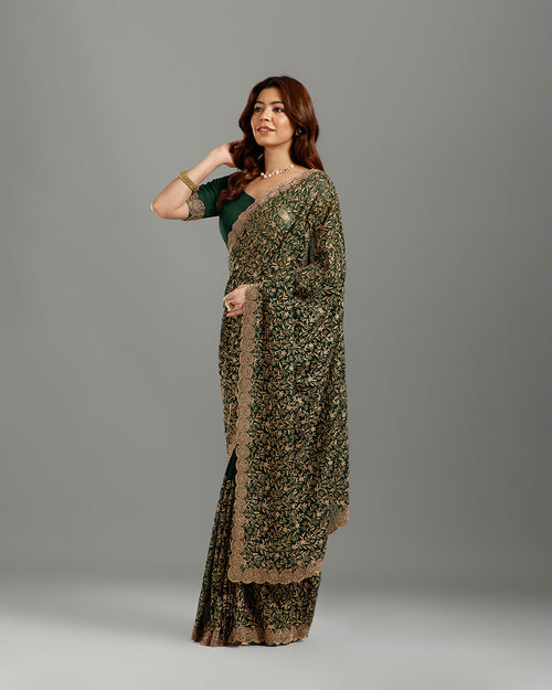 Bottle Green Georgette Saree ,Kashmiri Work Georgette Sarees  - House of Surya