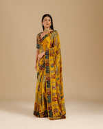 Yellow Crepe Saree with Intricate Kantha Work - House of Surya
