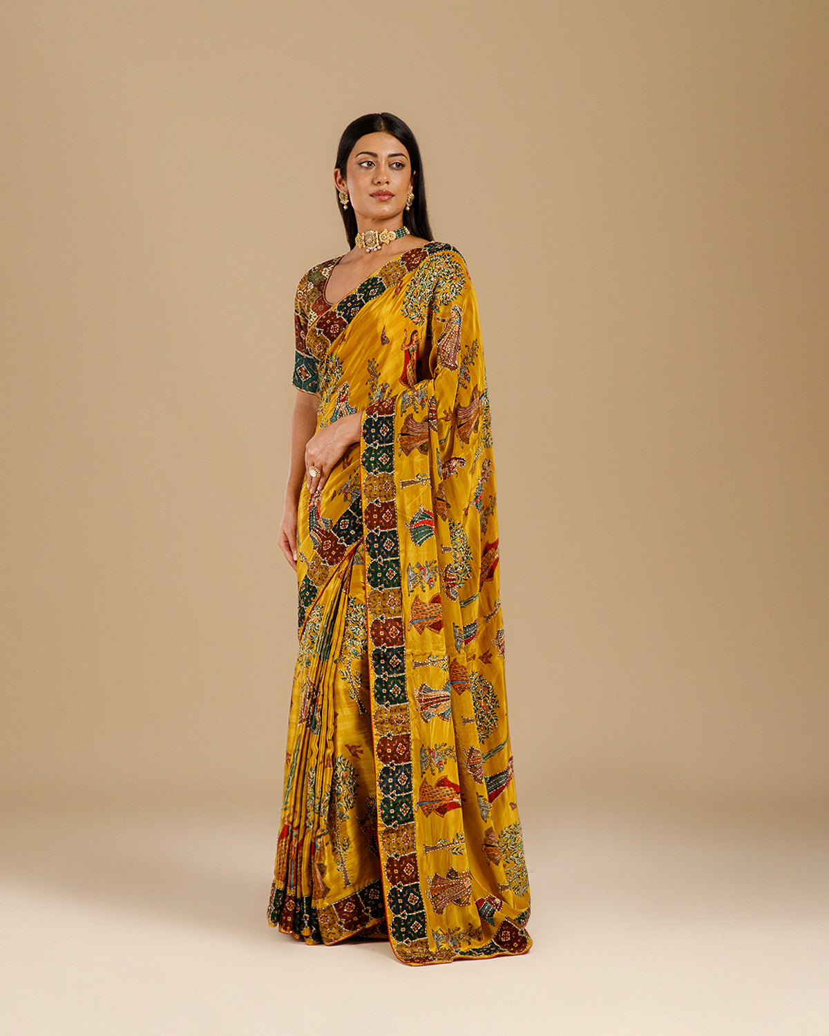 Yellow Crepe Saree with Intricate Kantha Work - House of Surya