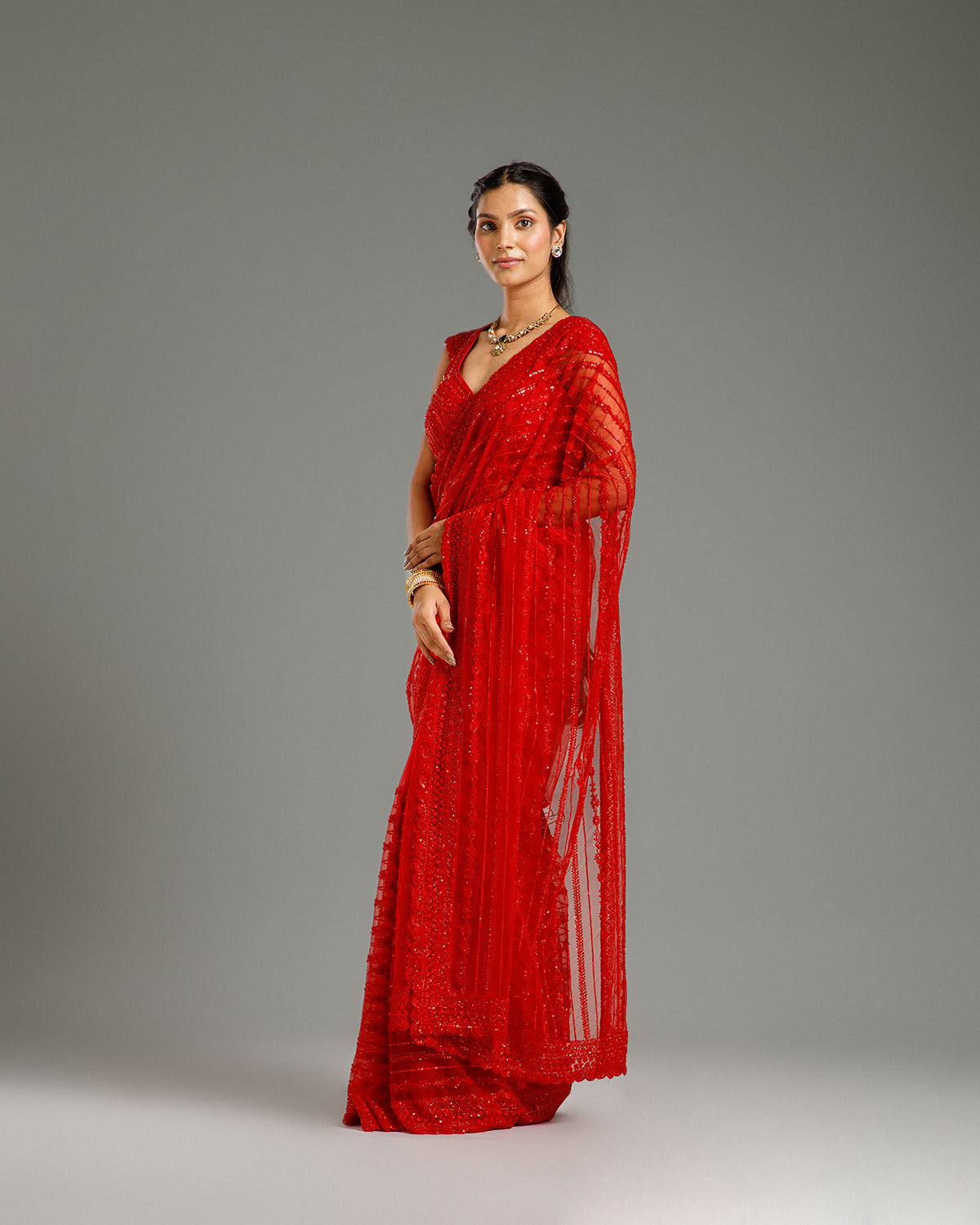 Red Net Saree with Beads & Sequin Work