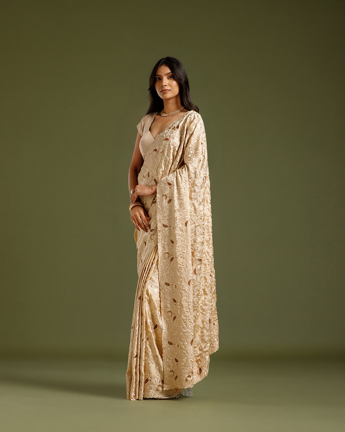 Cream Crape Silk Saree with Parsi Resham Work