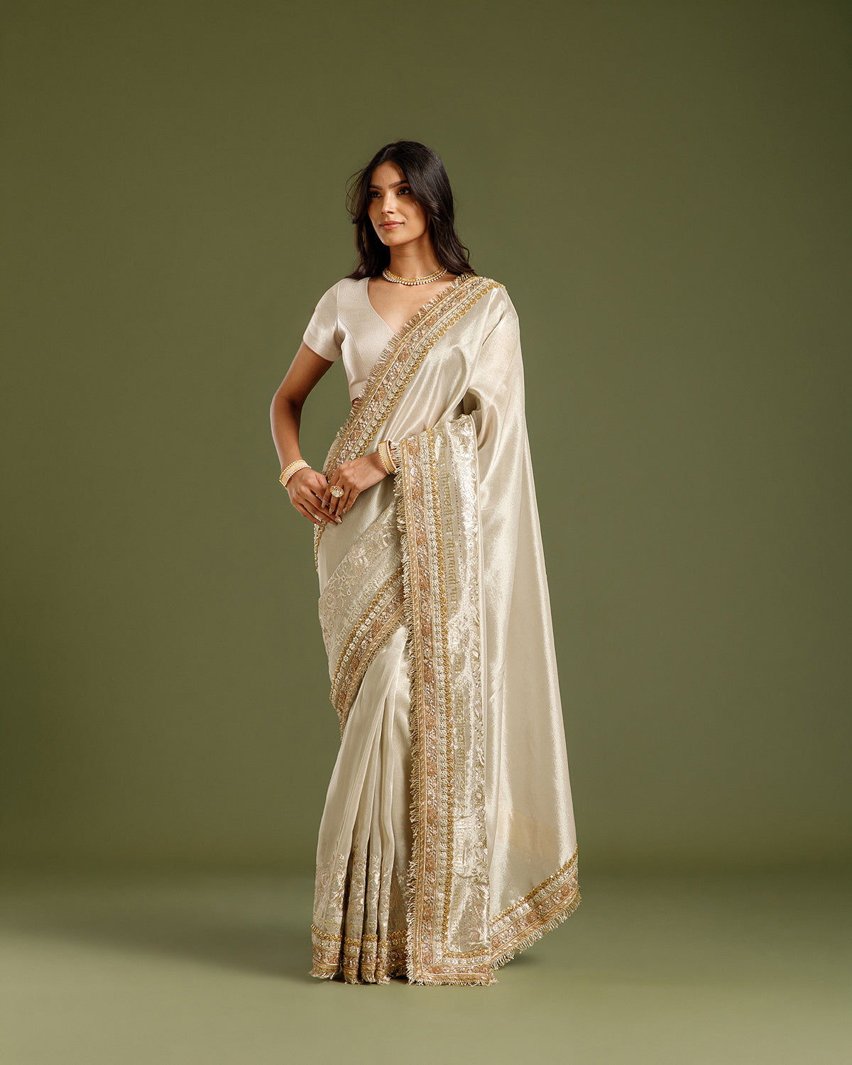 Beige Gold Tissue Organza Saree with Beads, Nulki, Gota Patti, Dori & Zari Work