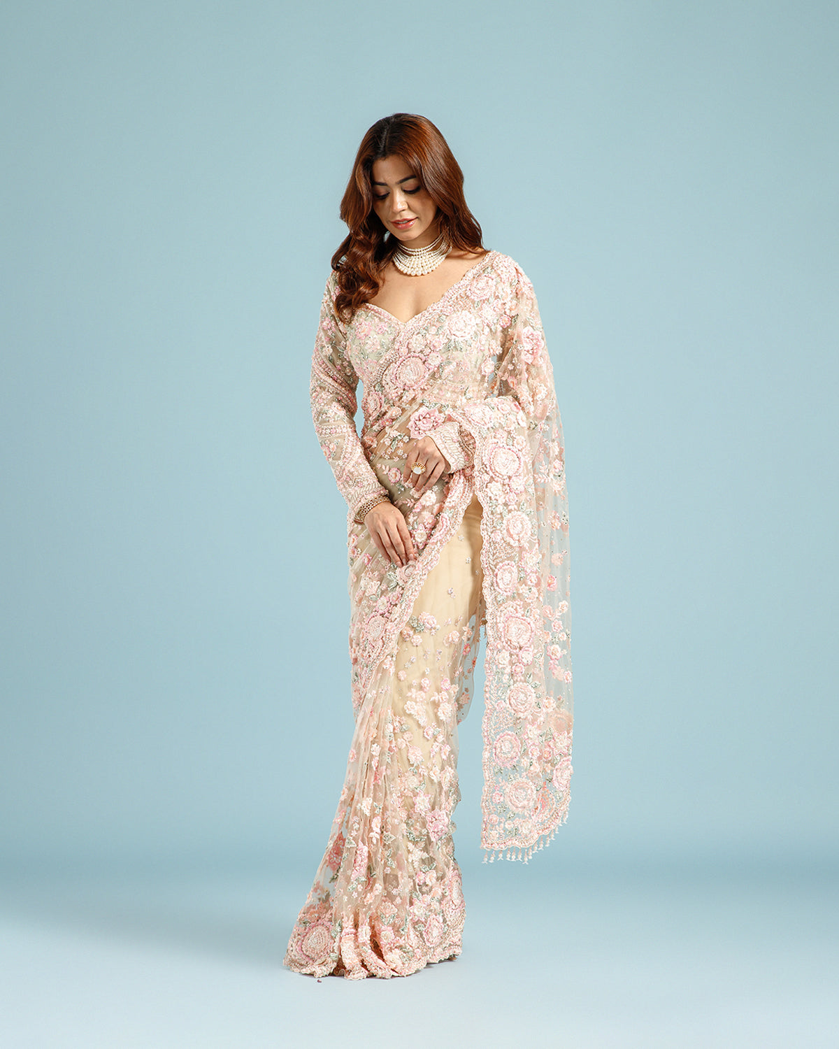 Party & Festive Wear Golden Net Saree with Resham, Sequence & Cutdana Work