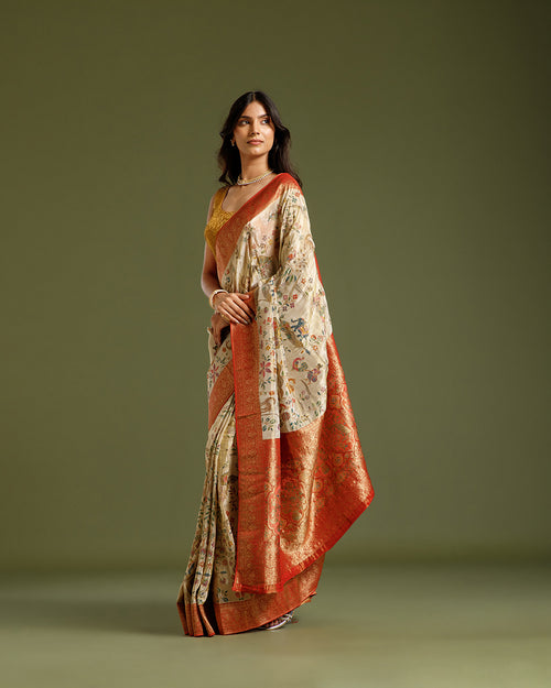 Beige Gold Tissue Silk Saree with Zari, Sequin & Zari Weaving