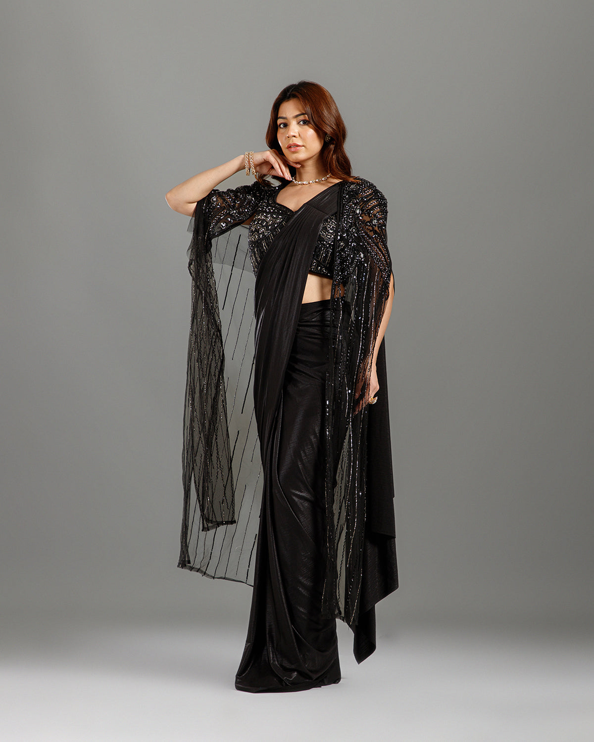 Black Lycra Drape Saree with Hand Work - House of Surya