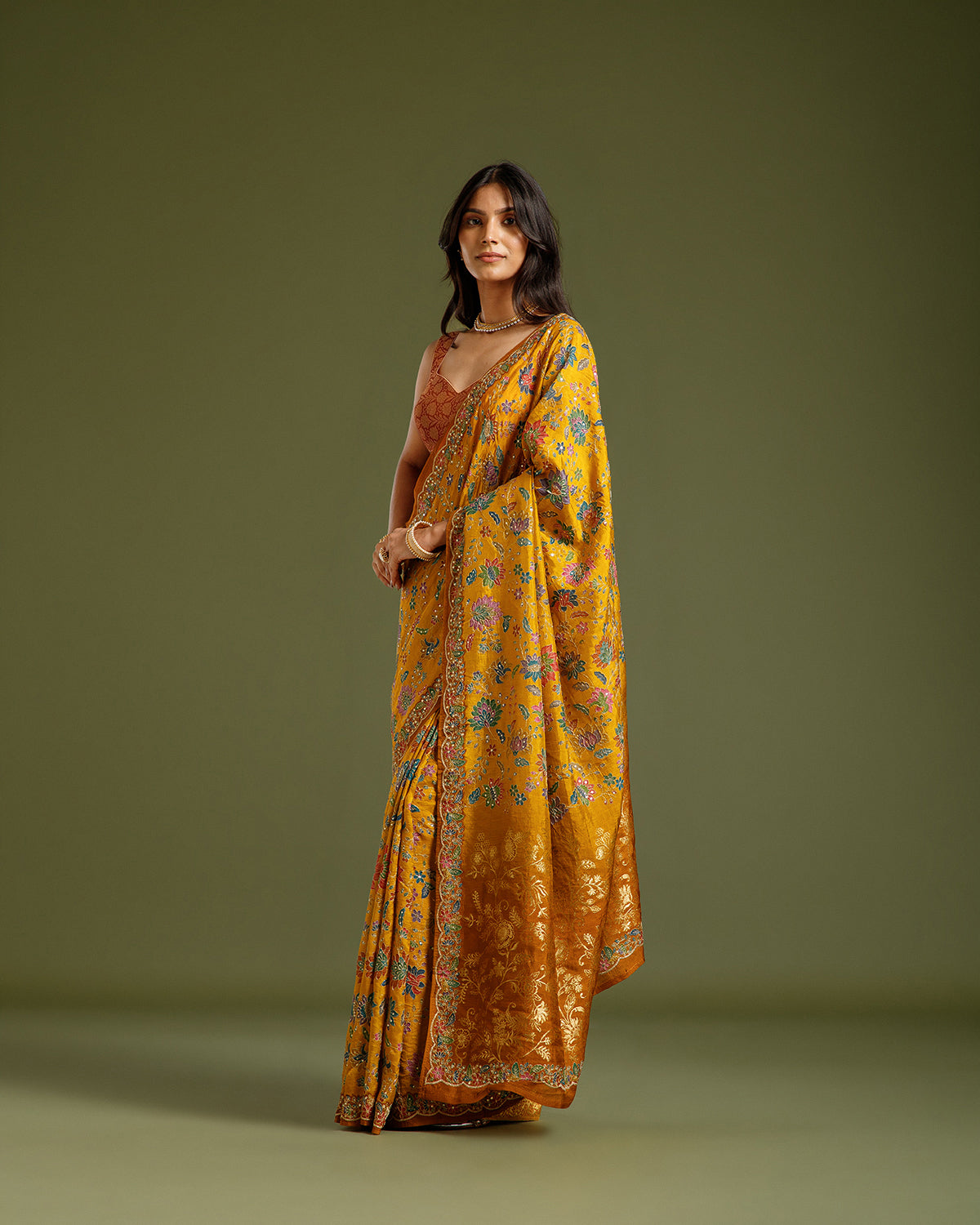 Mustard Maheshwari Silk Saree with Zari & Sequin Work