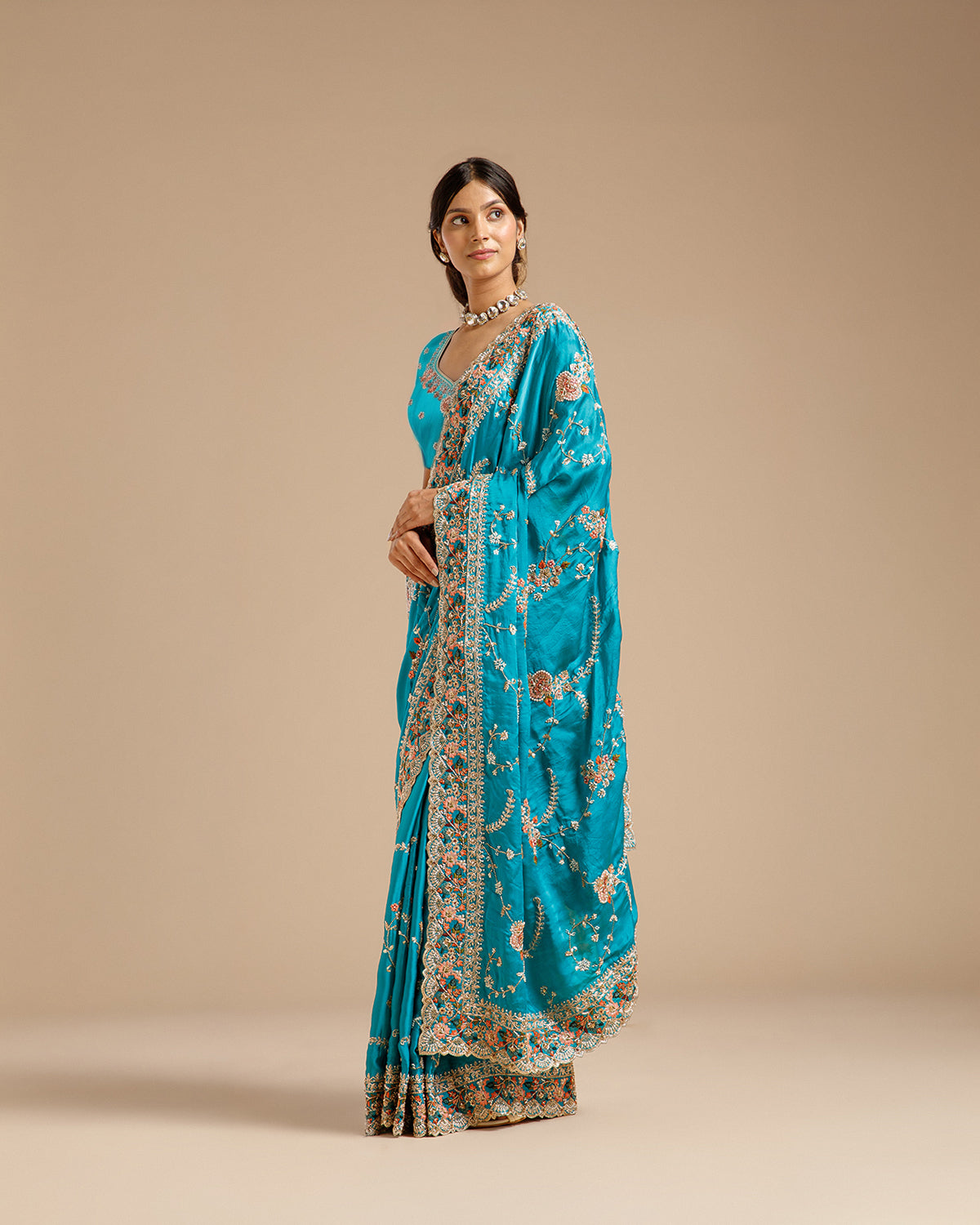 Firozi Satin Organza Saree with Beads, Nulki, Sequin, Moti, Resham & Zari Work
