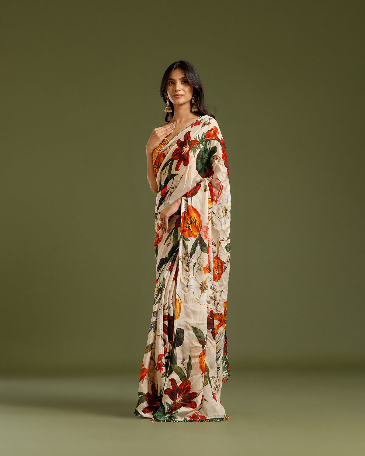 Ivory Multi Chinon Crepe Saree with Beads & Moti Work