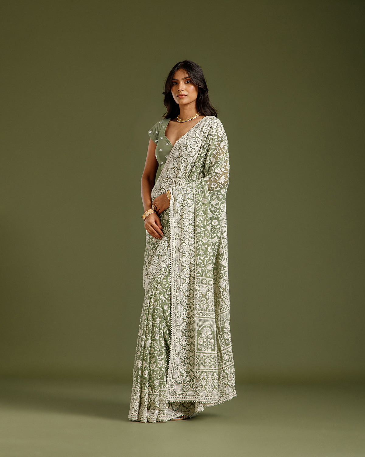 Pista Green Georgette Saree with Resham, Zari & Sequin Work