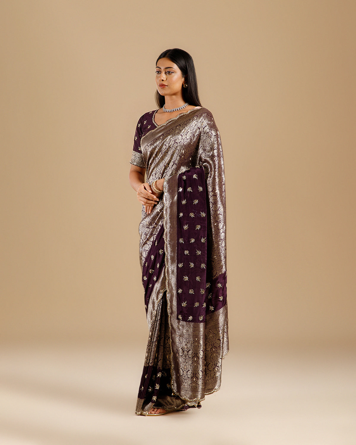 Purple Crepe Silk Saree with Mirror & Cutdana Work