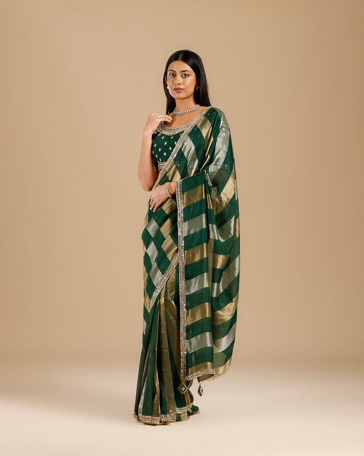 Green Tissue Organza Saree with Kundan & Sequence Work - House of Surya