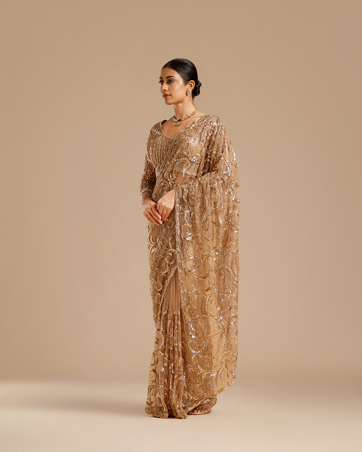 Beige Net Saree with Sequin & Cutdana Work