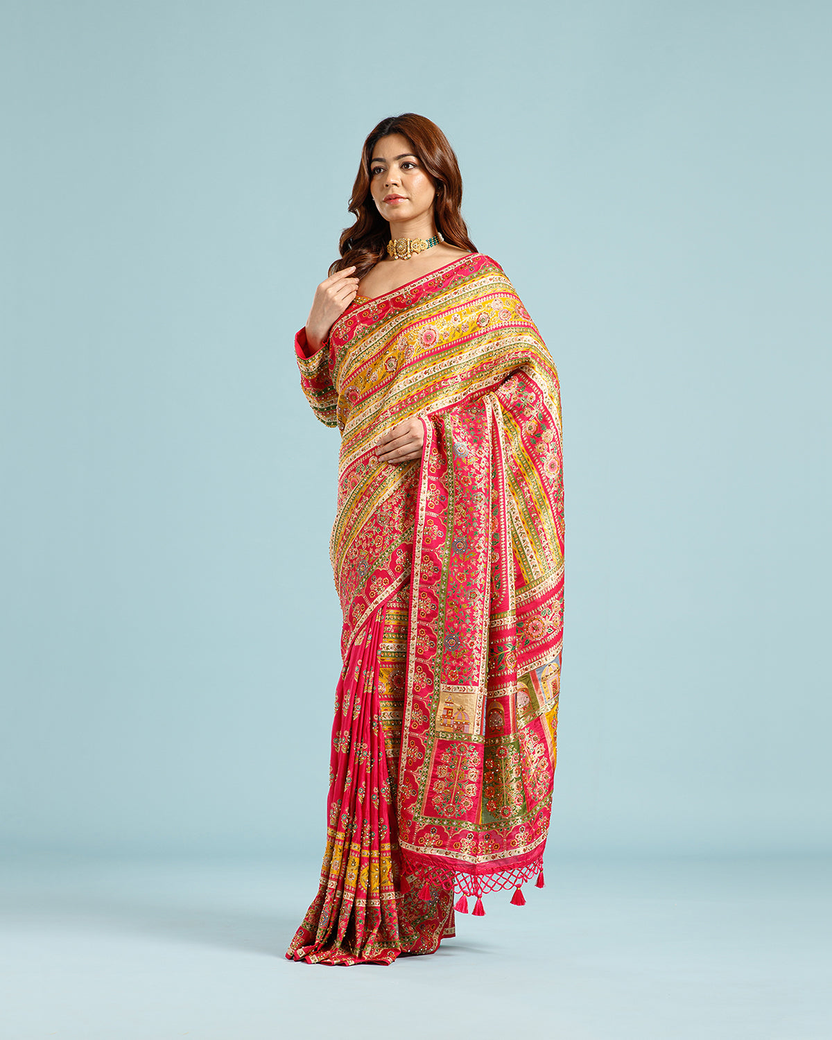Elegant Mustard Crepe Silk Saree with Colorful Woven Design