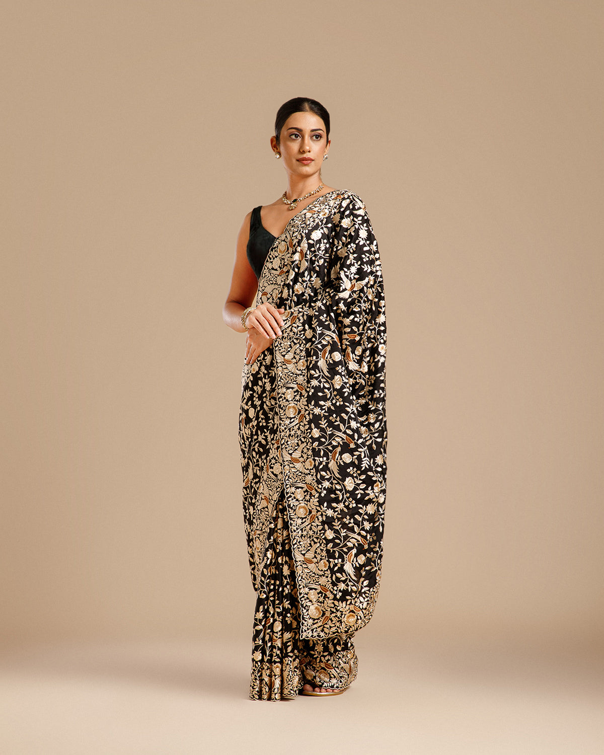Black Organza Silk Saree with Parsi Resham Work