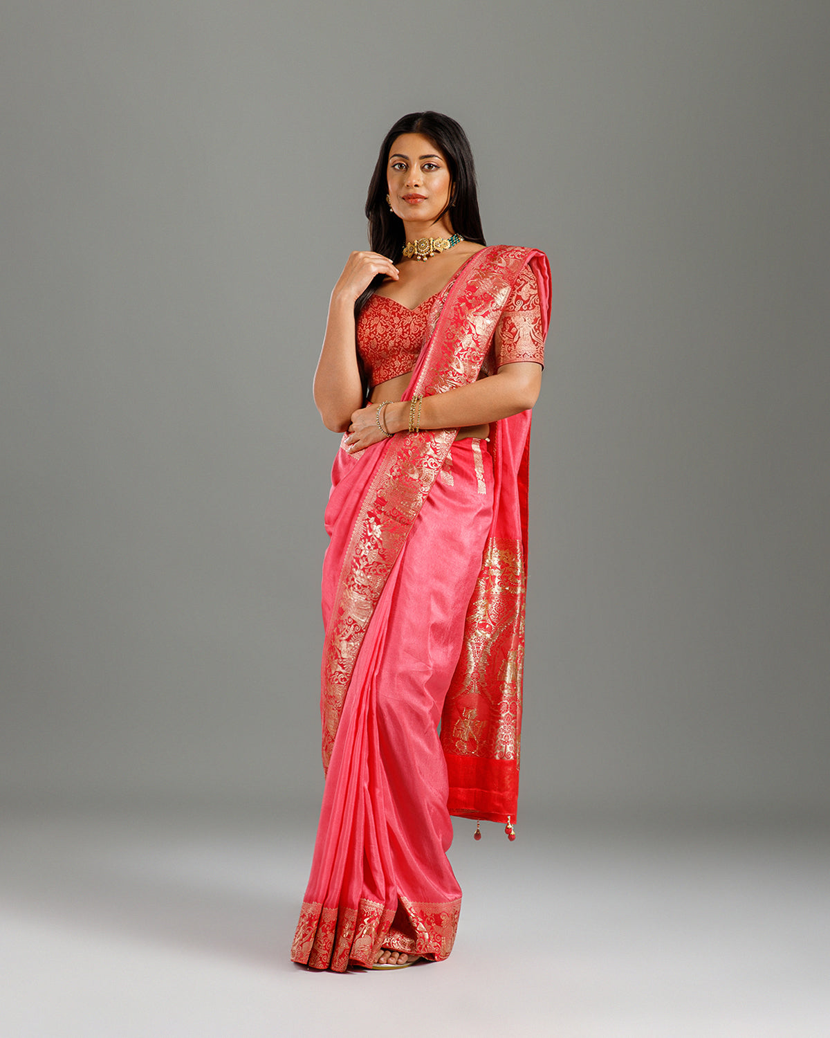 Gajari Dola Silk Saree with Palla & Border Weaving - House of Surya