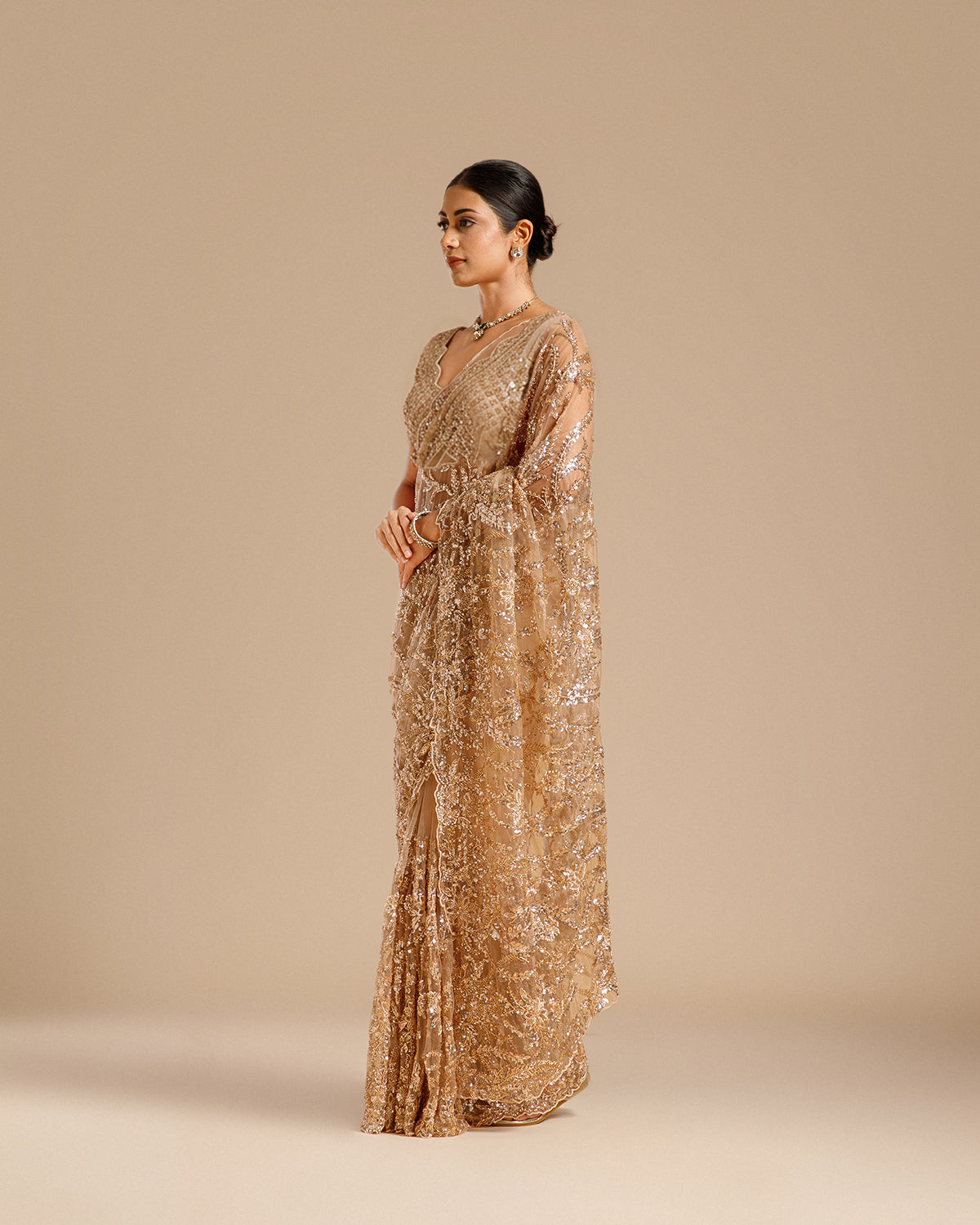 Rose Gold Net Saree with Nulki, Sequin & Moti Work