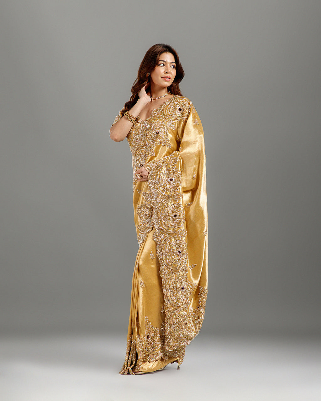 Golden Tissue Georgette Saree with Cutdana & Sequence Work - House of Surya