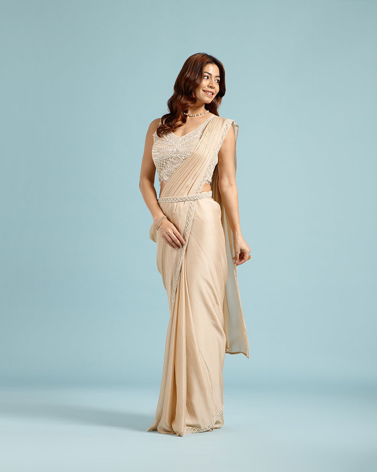 Beige Georgette Drape Saree with Hand Work - House of Surya