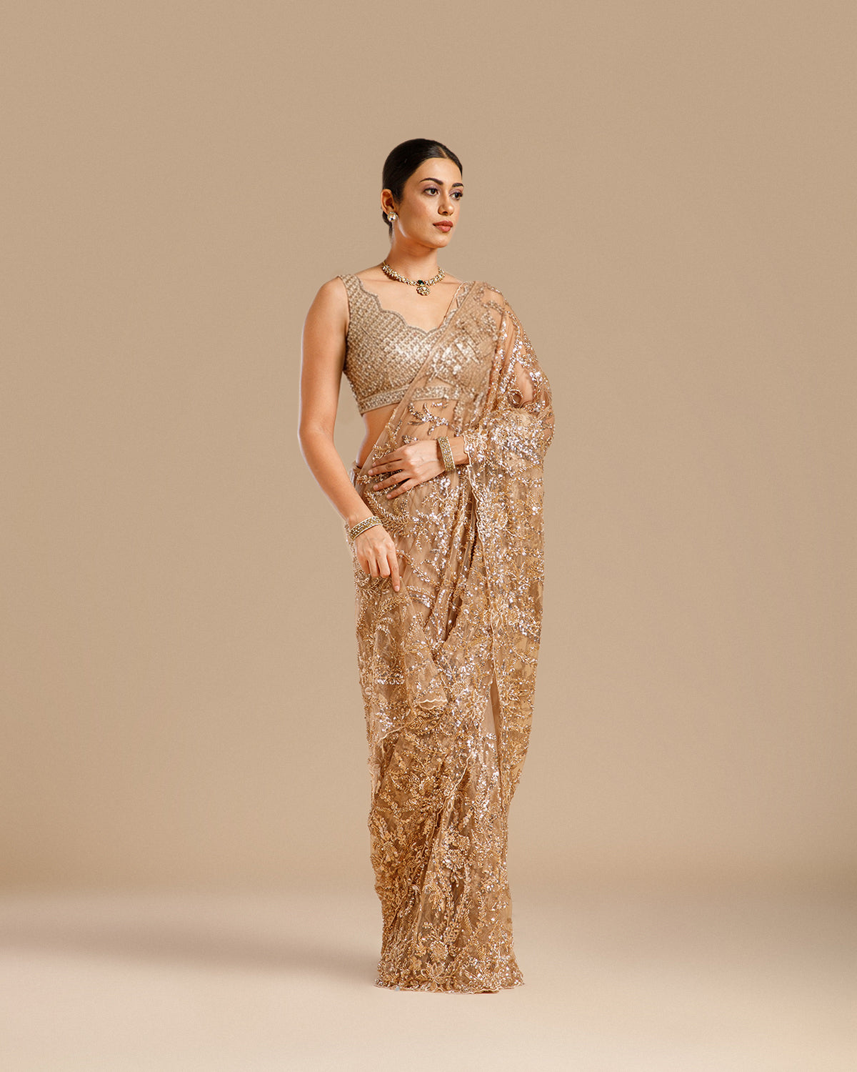 Rose Gold Net Saree with Nulki, Sequin & Moti Work