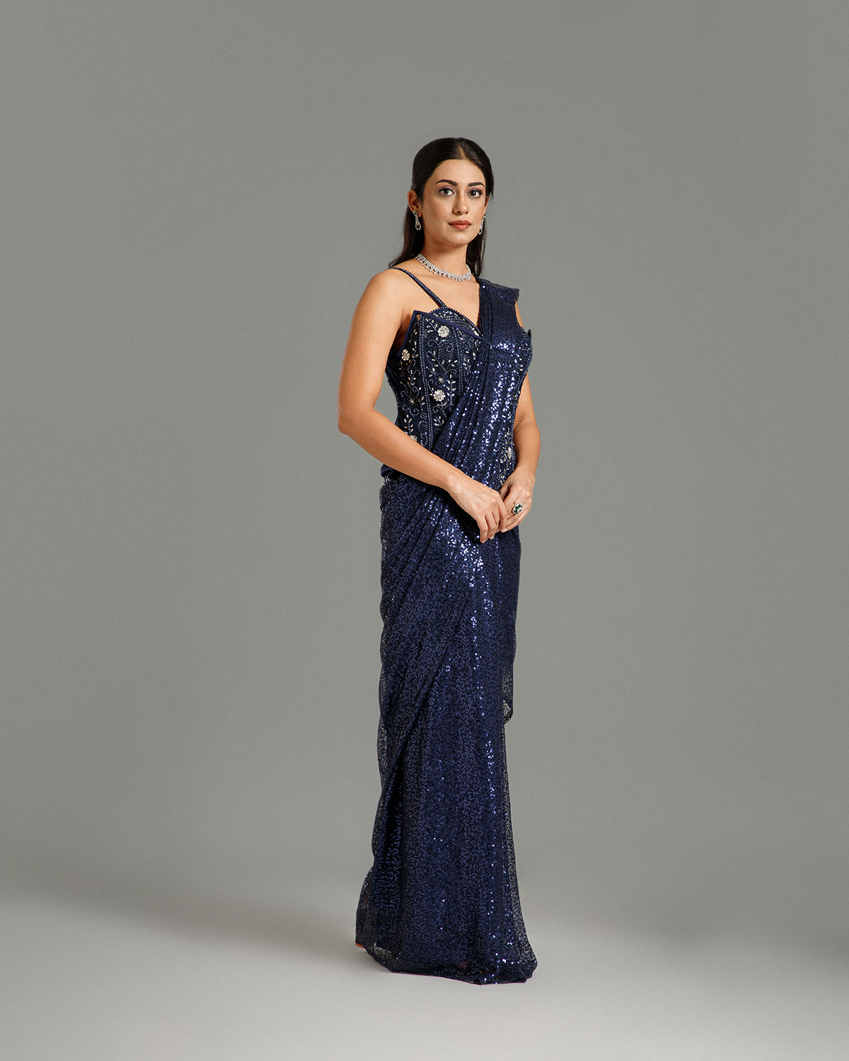 Navy Blue Sandley Saree with Sequin Work