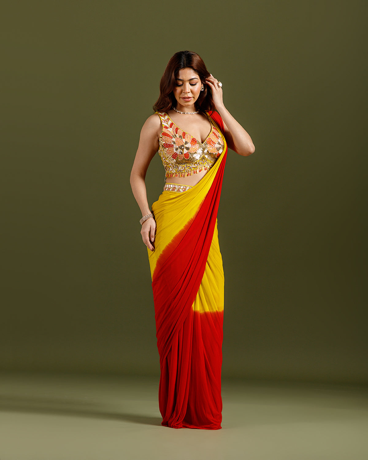 Yellow Lycra Drape Saree with Hand Work - House of Surya