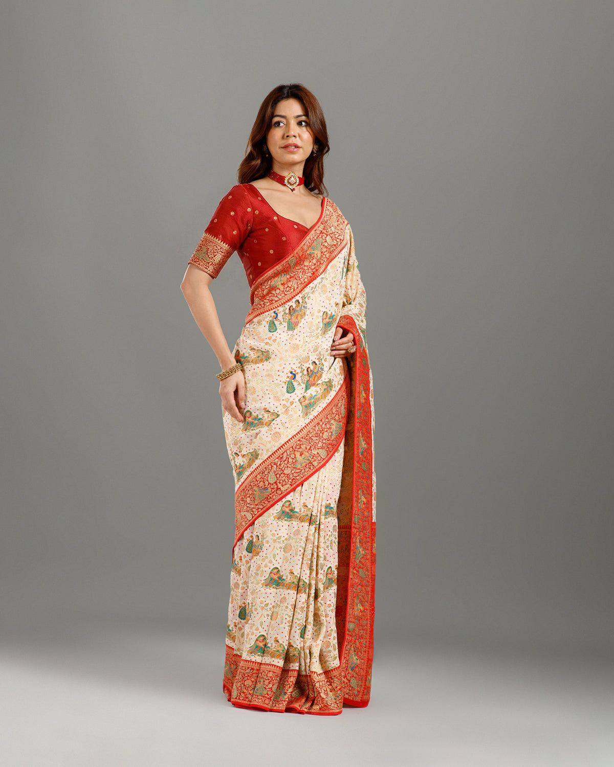 Off White Bhandej Khaddi Georgette Saree with Meenakari Weaving - House of Surya
