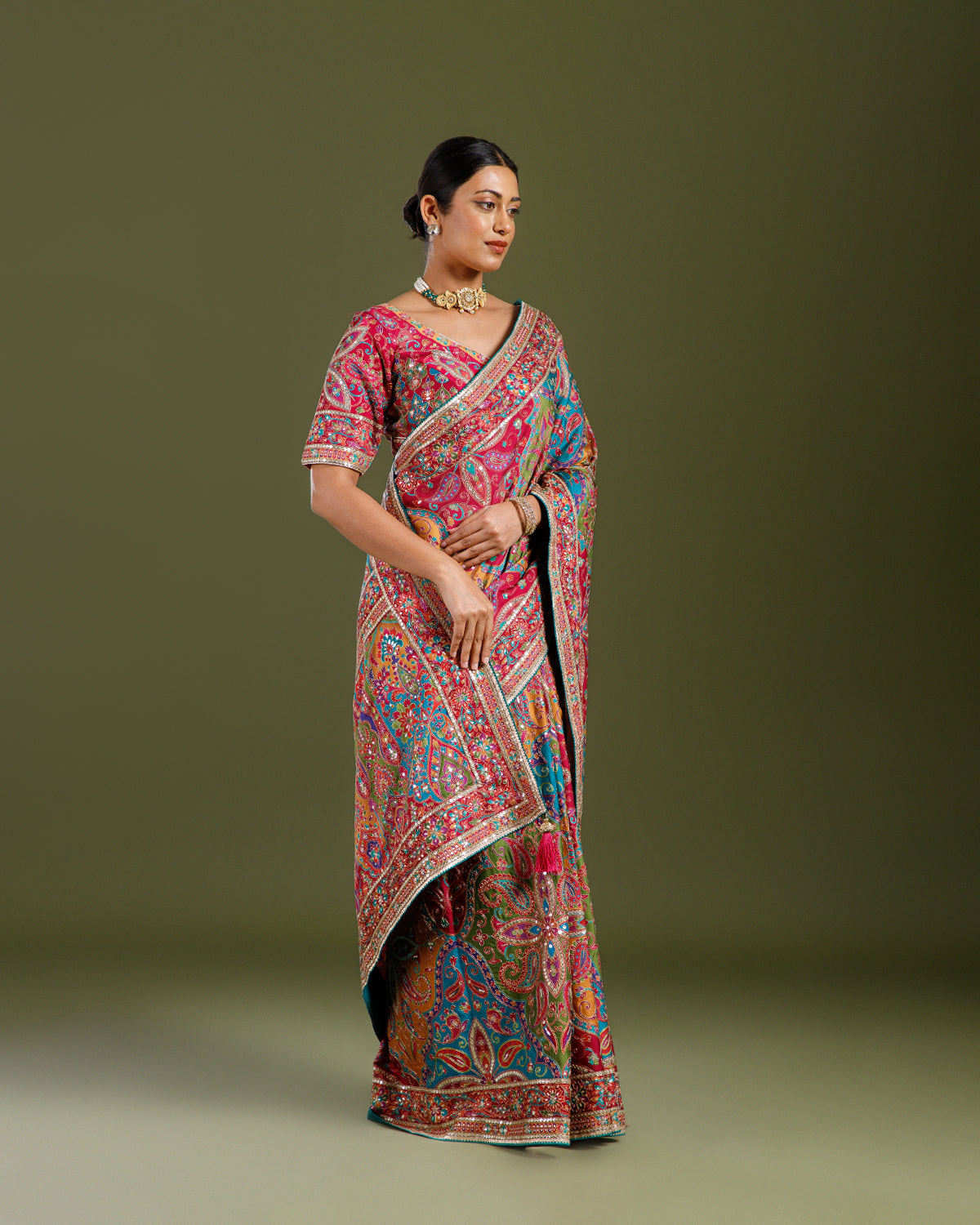 Elegant Mustard Satin Silk Saree with Multicolor Sequence & Zari Embroidery