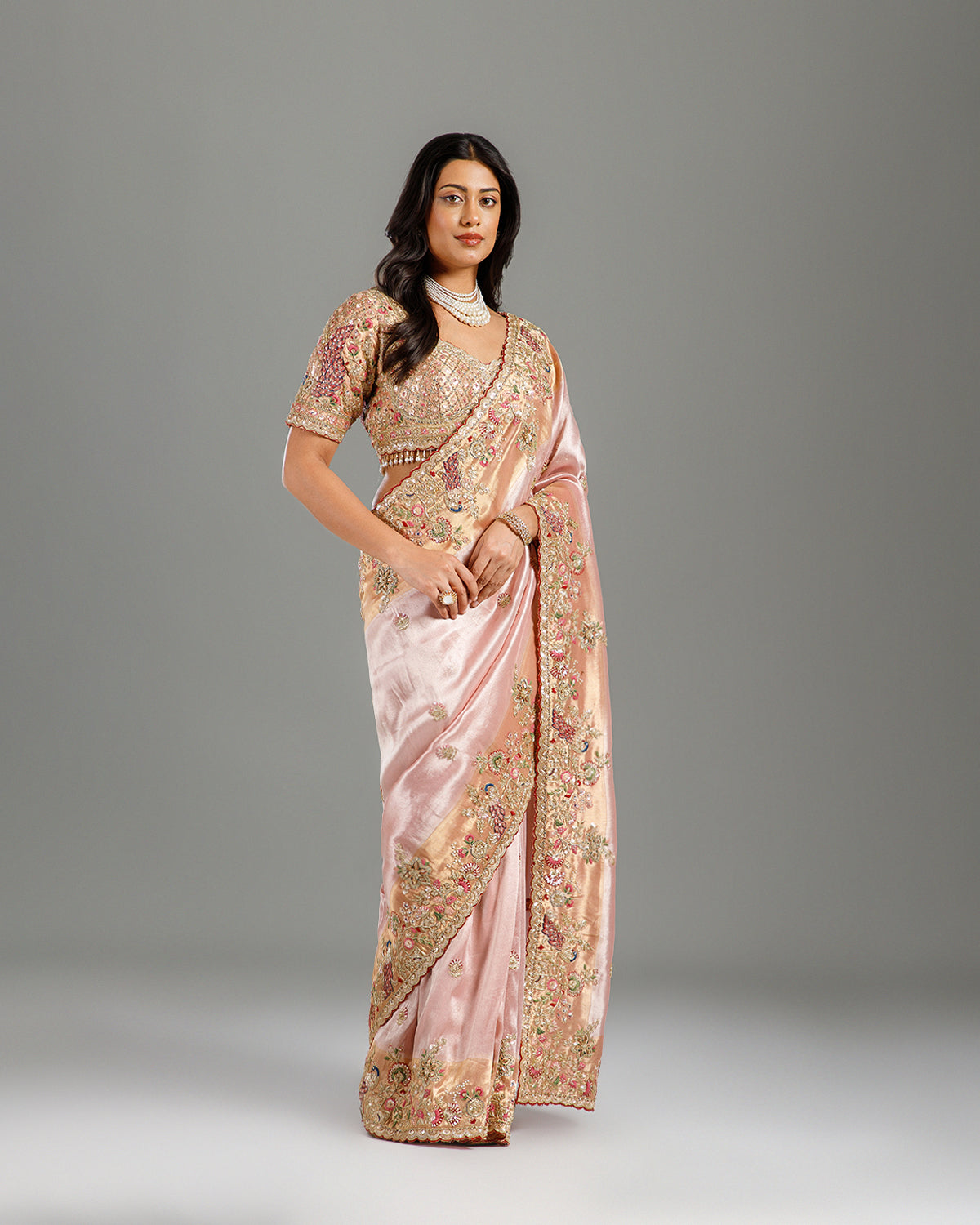 Pink Crepe Tissue Saree with Sequence, Resham, Zardozi & Cutdana Work - House of Surya