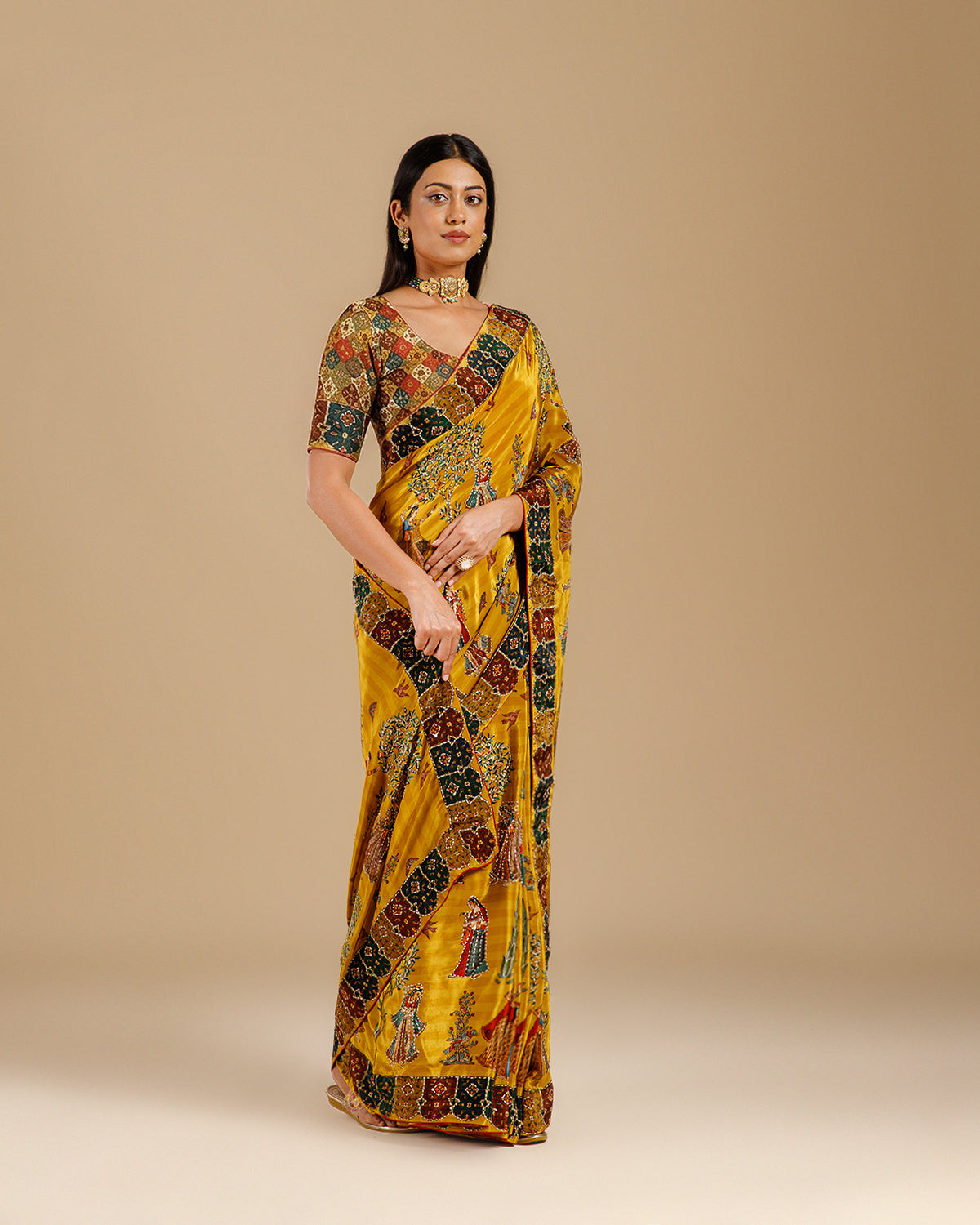 Yellow Crepe Saree with Intricate Kantha Work - House of Surya