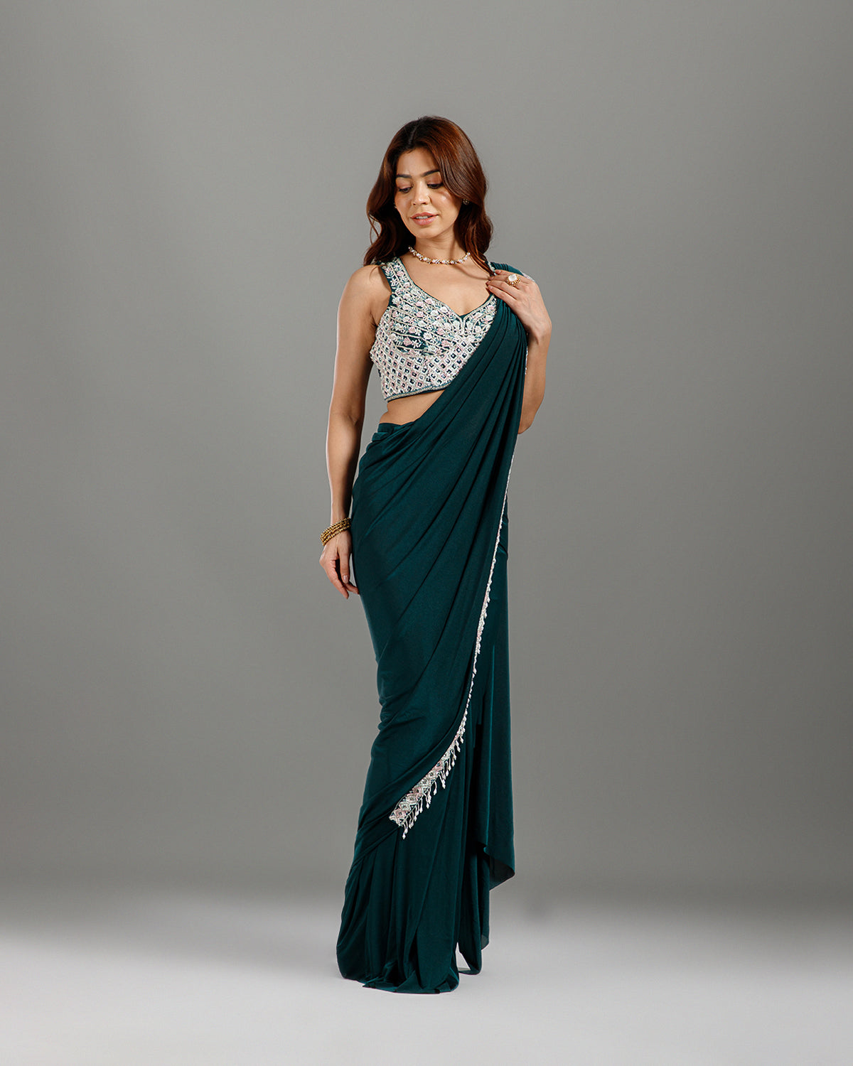 Green Lycra Drape Saree with Hand Work - House of Surya