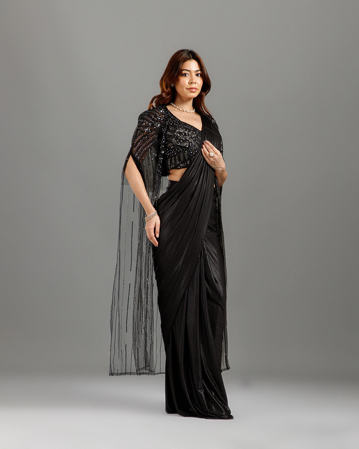 Black Lycra Drape Saree with Hand Work - House of Surya