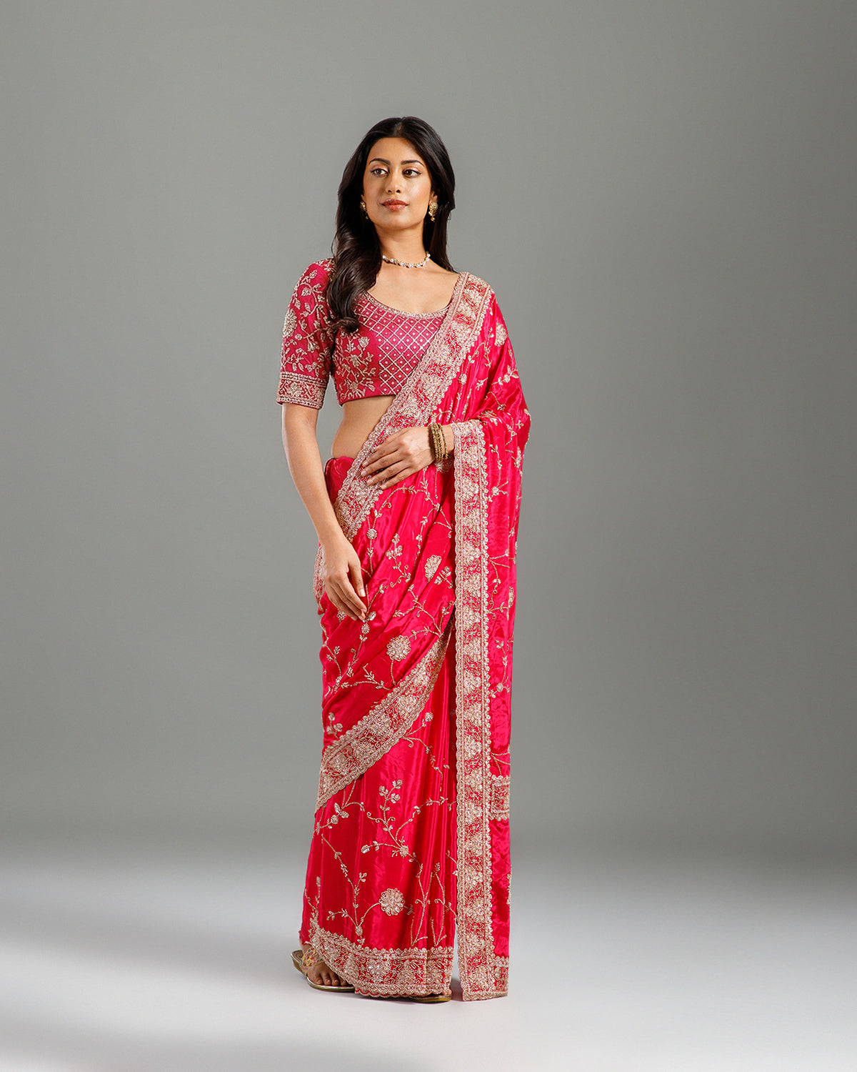 Rani Satin Crepe Saree with Beads, Sequence & Cutdana Work - House of Surya