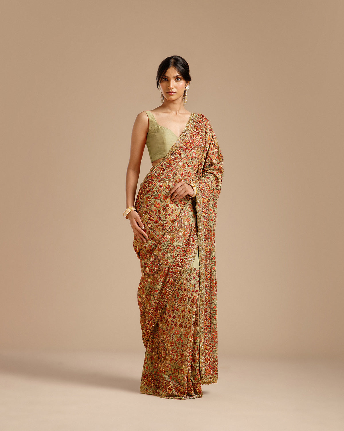Pista Green Georgette Saree with Resham, Zari, Beads & Cutdana Work