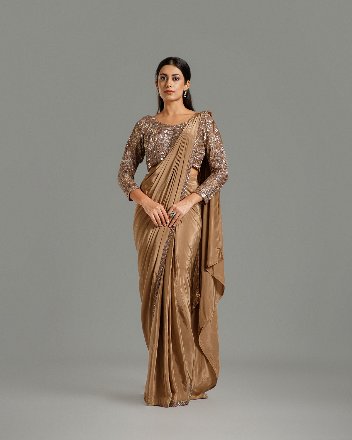 Dusty Gold Satin Lycra Saree with Sequin & Cutdana Work